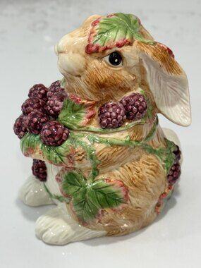 Fitz & Floyd Essentials Blackberry Rabbit Lidded Candy Jar Vintage Ceramic Bunny